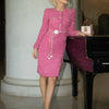 Modphy Autumn Fashion Rose Red Woolen Two Piece Set Women Golden Button Chain Belt Tweed Short Jacket Coat+Split Midi Skirt Suit