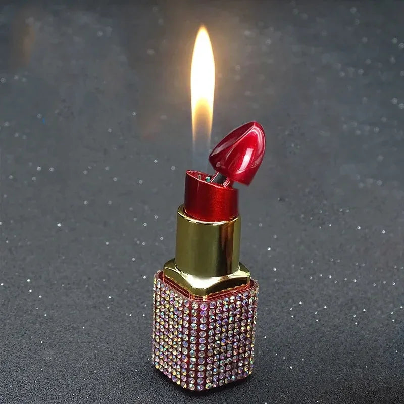 Luxury Diamond Lipstick Inflatable Lighter Mini Butane Pink Water Diamond Portable Lighter High End Women's Smoking Gift