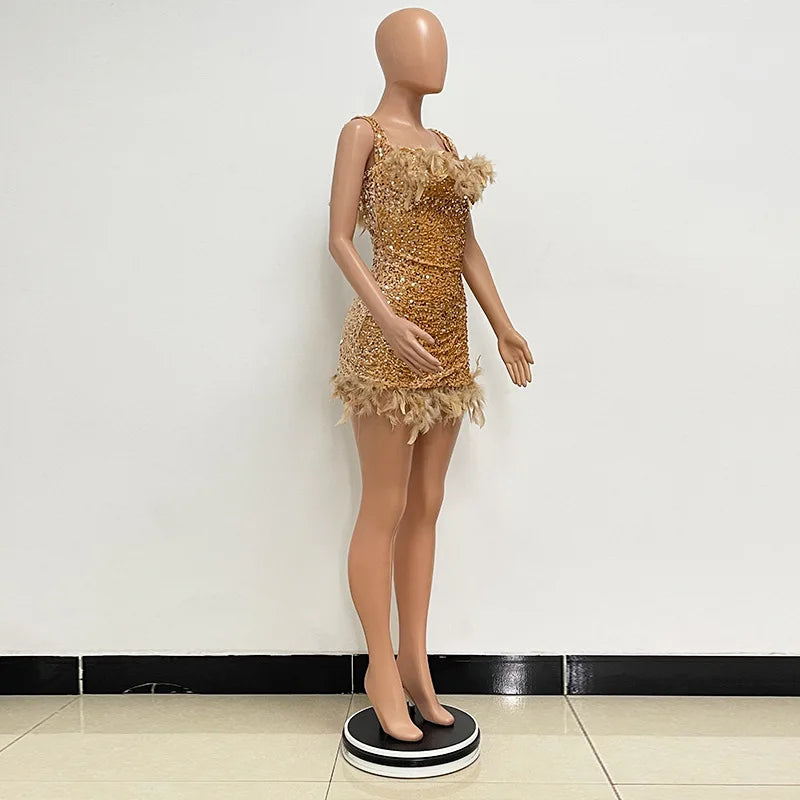 Damen Partykleid Ärmellos Glänzende Pailletten Feder Abendkleid Sexy schulterfrei rückenfrei Mini Formelle Ballkleider HXY8