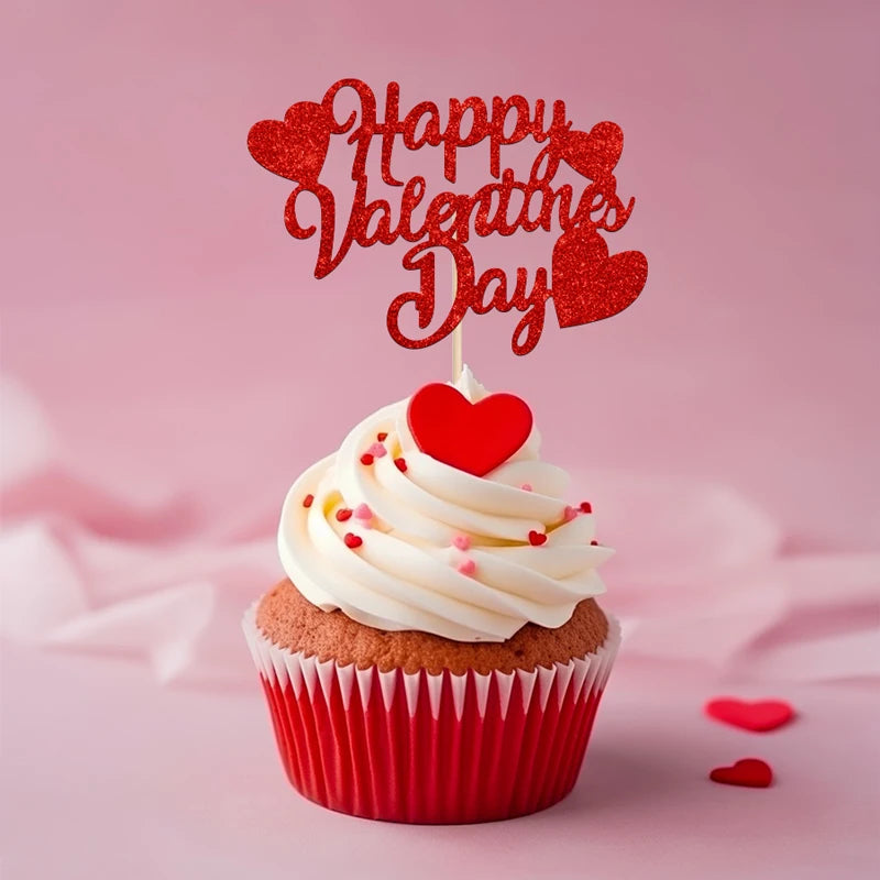 YOMDID 24tlg. Happy Valentines Day Cupcake Toppers Glitzer Rot Dekorationen Valentinstag Cupcake Spieße Geschenk zum Valentinstag