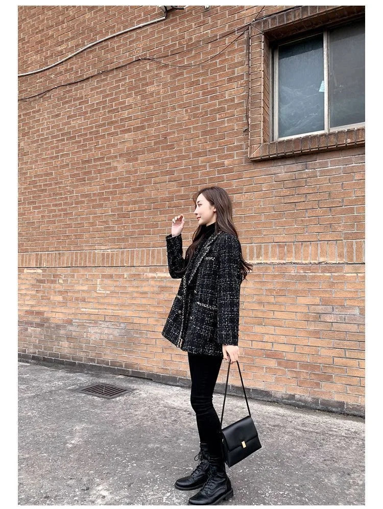 Tweed-Karo Anzugjacke Damen Oberbekleidung Lockerer Mittellanger Zweireihiger Freizeit-Wollblazer Top 2024 Frühling Herbst Neuer Schicker Anzug