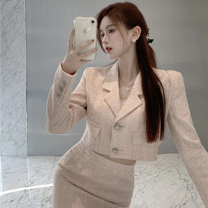 Elegant Fashion Pink Tweed Suit Women's Autumn 2023 Y2k High Quality Blazer Coat+Bag Hip Skirt Commuting Two-Piece Set
