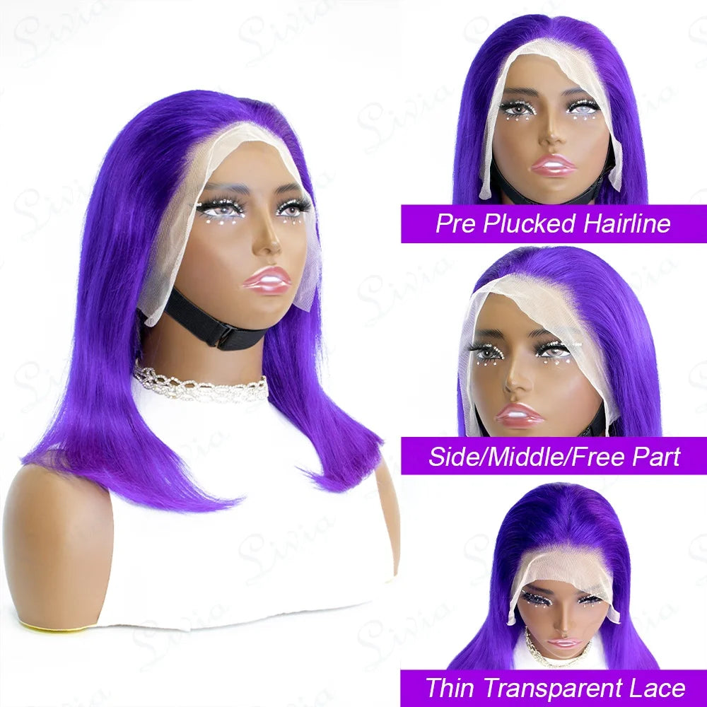 Purple Straight Bob Wigs Human Hair Preplucked Transparent Lace Frontal Wigs Brazilian 13x4 Short Bob Wigs 100% Human Hair Wigs
