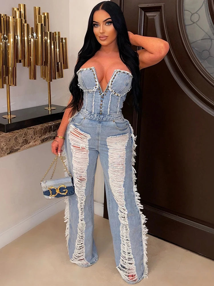 Sibybo Quaste Hollow Out Overalls für Damen Nieten Strass Trägerlos Rückenfrei Jeans Street Fashion Trend Jumpsuit Femme