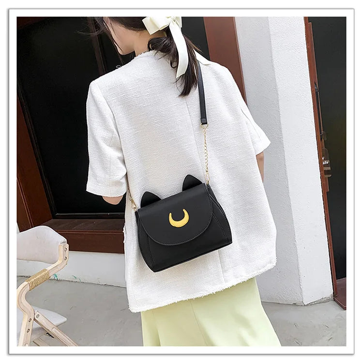 Summer Sailor Moon Ladies Handbag Black Luna Cat Shape Chain Shoulder Bag PU Leather Women Messenger Crossbody Small Bag Purses