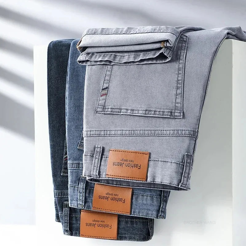 Sommer elastische Herrenjeans Mode Grau Bequeme Business Straight Stretch Baumwolle Casual Denim Hose Marke Männliche Dünne Hosen