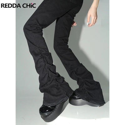 REDDACHiC Schwarze geraffte Schlagjeans Damen Solide Stretch Bootcut Stacked Hose High Waist Harajuku Goth Grunge Y2k Kleidung