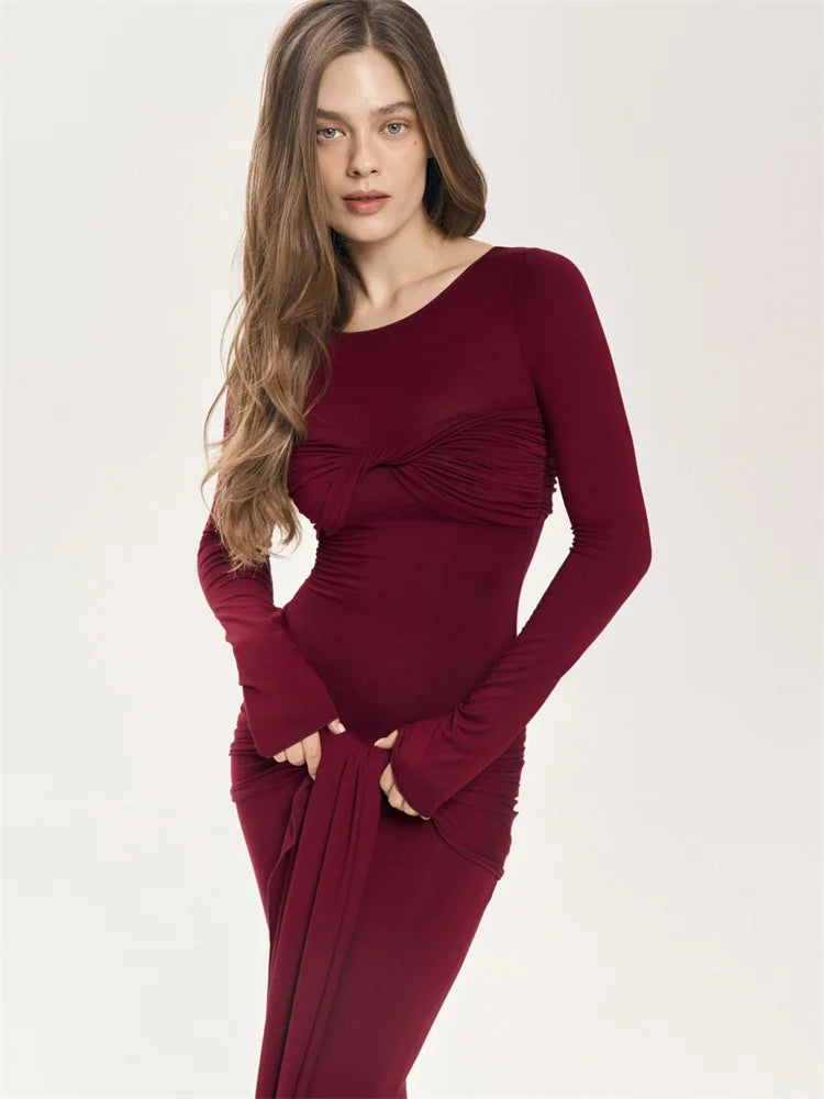 Tossy Damen Plissee Sexy Maxikleid Patchwork Twist Slim Langarm Einfarbig Y2k Herbst Streetwear Kleid Damen Bodycon Kleid