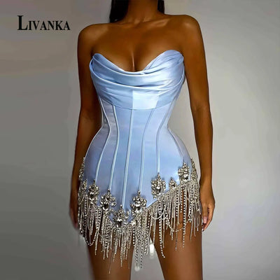 LIVANKA Glittering A-line Bodycon Homecoming Dresses for Teen Sweetheart Corset Pleated Tassel Cocktail Party Gown Customized