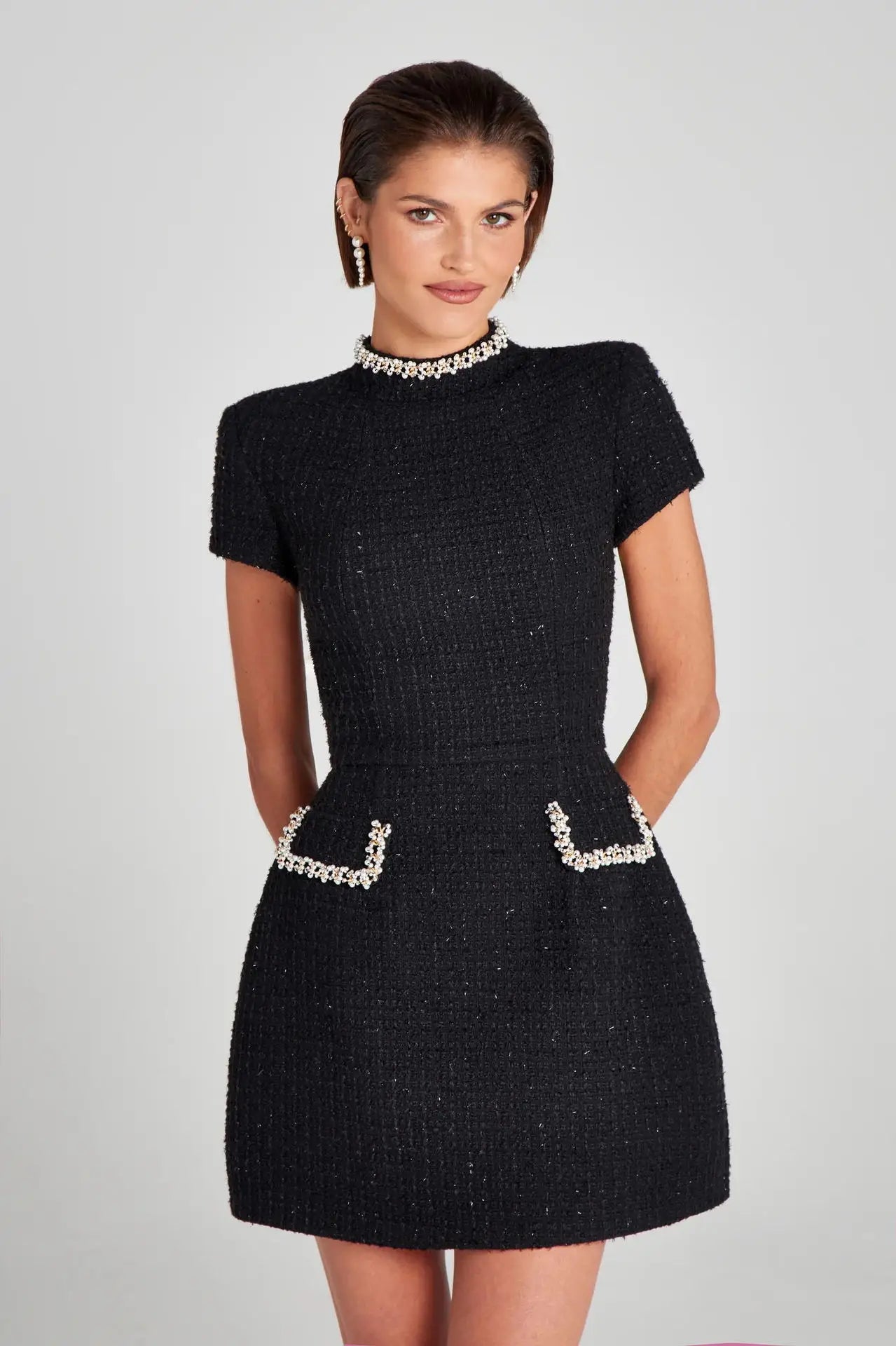Talenza Women's Elegant Tweed A-Line Dress Solid Slim Fit Y2k Short Sleeve Dress Retro O-Neck Patchwork Luxury Evening Dress