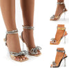 Comemore 2025 Rhinestone Bowknot Women Sandals Transparent High Heels Summer Sexy Square Toe Ankle Buckle Strap Shoes Stiletto