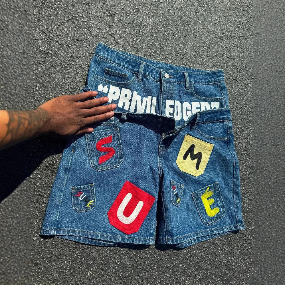 Y2K Hip Hop Denim Shorts Loose Fit Cotton Five-Quarter Length Printed Embroidered Low-Mid Waist Jeans Shorts for Men