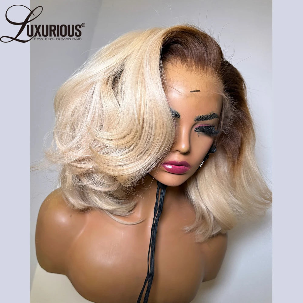 #4/613 Blonde Kurze Bob Echthaar-Perücken Für Frauen 13x6 Lace Wig Echthaar 13x4 Transparente Lace Wig Ombre Honigblonde Perücke 180%