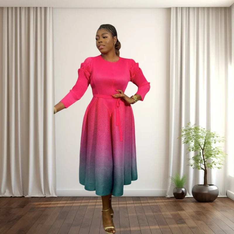 Miyaki Plus-Size Women's Dress with Pleated Design, Puff Sleeves, Long Sleeves, Gradient Color-Blocking, Mid-Length Dress, Popular in Europe and America, Suitable for Daily Wear, Travel, and Dates
