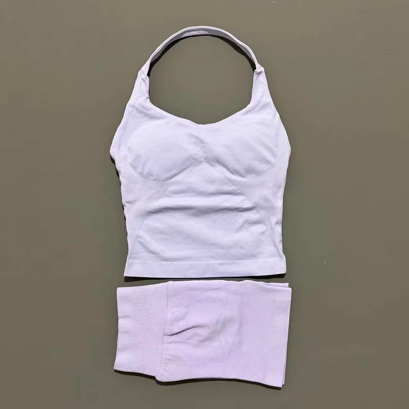 2 Pieces Sports Set Women Backless Halter Tops High Waist Seamless Hight Stretch Shorts Gym Suit Sportswear Workout Sets