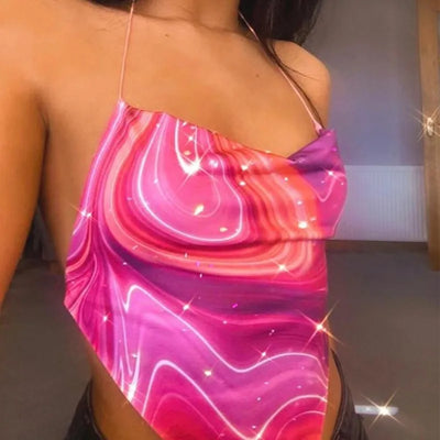 Bandage Halter Hot Sexy Navel Pink Crop Top 2021 Summer Sexy Female Art Print Sleeveless Fashion Slim Tight Party Club Outer
