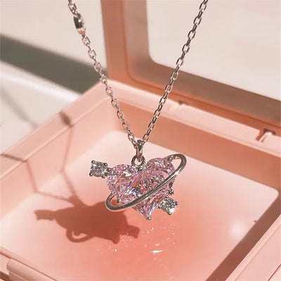 Y2K Rosa Planet Herz Zirkon Anhänger Halsketten Frauen Mode Ästhetische Schlüsselbeinkette Halskette Valentinstag Geschenk Party Schmuck