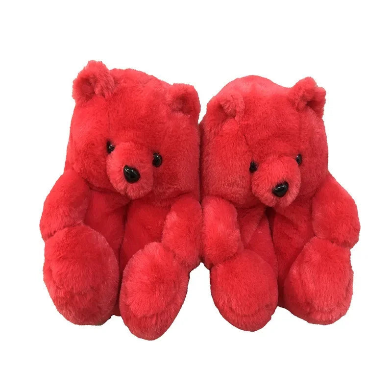 Cute Teddy Bear Plush Winter Slippers Wrapped in Heels Fun Indoor Floor Shoes Women's Gift Warm and Soft Cartoon Plush Animal Sl