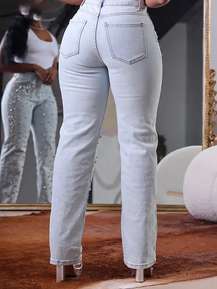 Damen Perlen Jeans Hohe Taille Schmal Frühling Lässige Denim Hose Vintage Mode 2024 Streetwear Straight Jeans Hosen 2024