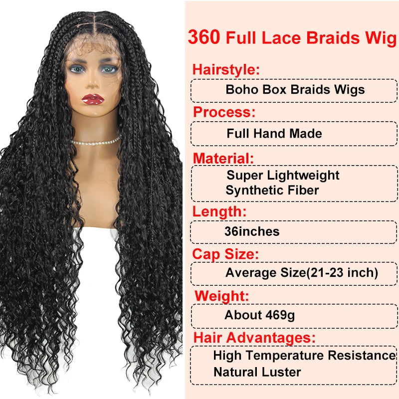 Boho Box Braided Wigs, gelocktes Kunsthaar, volle Lace-Front-Perücken für schwarze Frauen, Goddess Locs Braid Wig, Bohemian Box Braid Wig