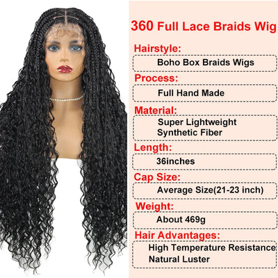 Boho Box Braided Wigs, gelocktes Kunsthaar, volle Lace-Front-Perücken für schwarze Frauen, Goddess Locs Braid Wig, Bohemian Box Braid Wig