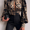 Spring Women Sexy Backless Hollow Print Shirts Tops 2024 Casual Stand Long Sleeve Office Lady Blouses Fashion Party Crop Top