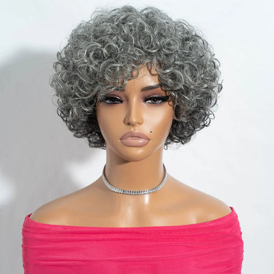 Lekker Kurze, silbergraue, lockige Bob-Perücken aus 100 % Echthaar für Damen, brasilianisches Remy-Haar, Salz-und-Pfeffer-Perücken, komplett maschinell gefertigt