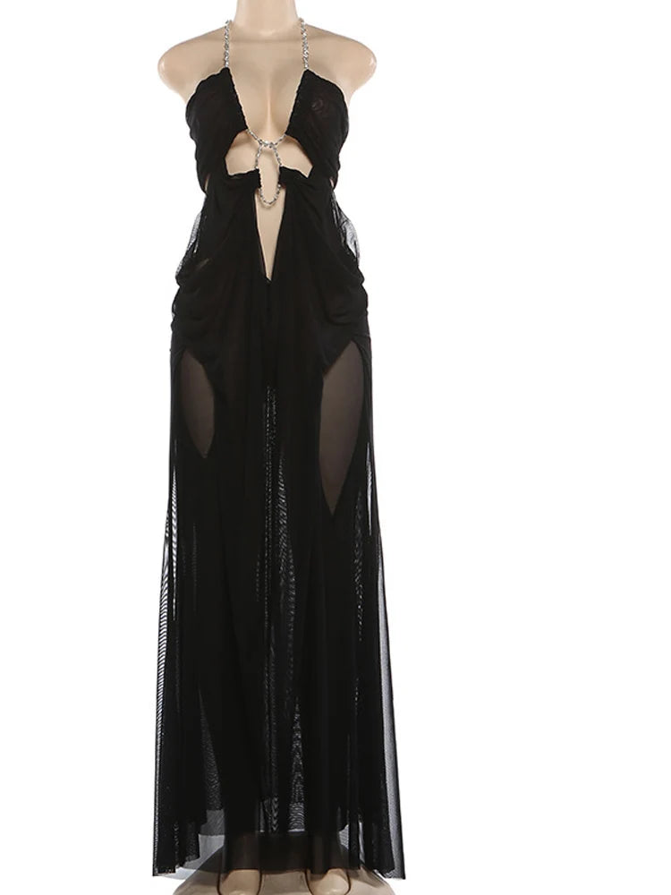 Beyprern Sexy Rhinestone Chain Halter Backless Maxi Dress Women 2026 Summer Cut Out Ruched Club Vestidos Bodycon Long Dresses