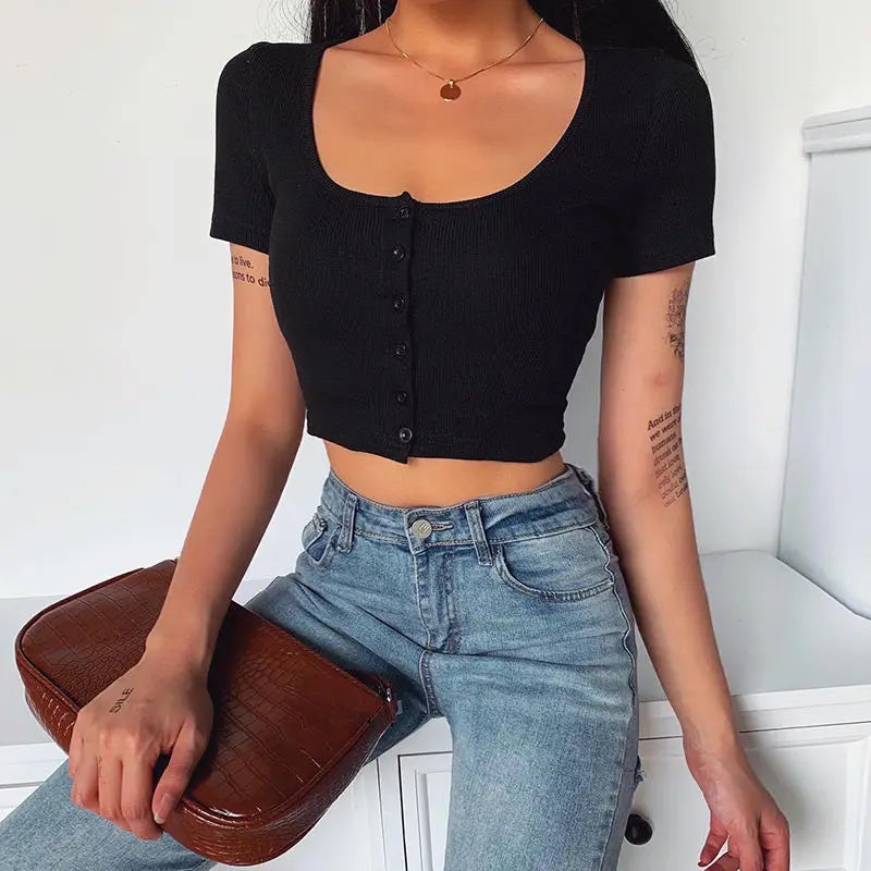 90er Jahre Vintage Y2k Cropped Top Damen Koreanische Mode Kpop T-Shirt Damen Knöpfe Eng Sexy Weißes Strick-T-Shirt Japanische Kleidung