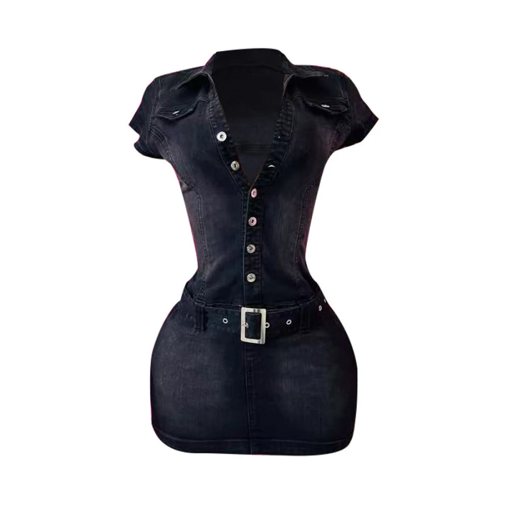 2025 Neues Jeanskleid Kurzarm Damen Schick Sexy Sommer Elegant Schmal Stretch Acid Wash Vintage Gürtel Jeans Bodycon Kleider