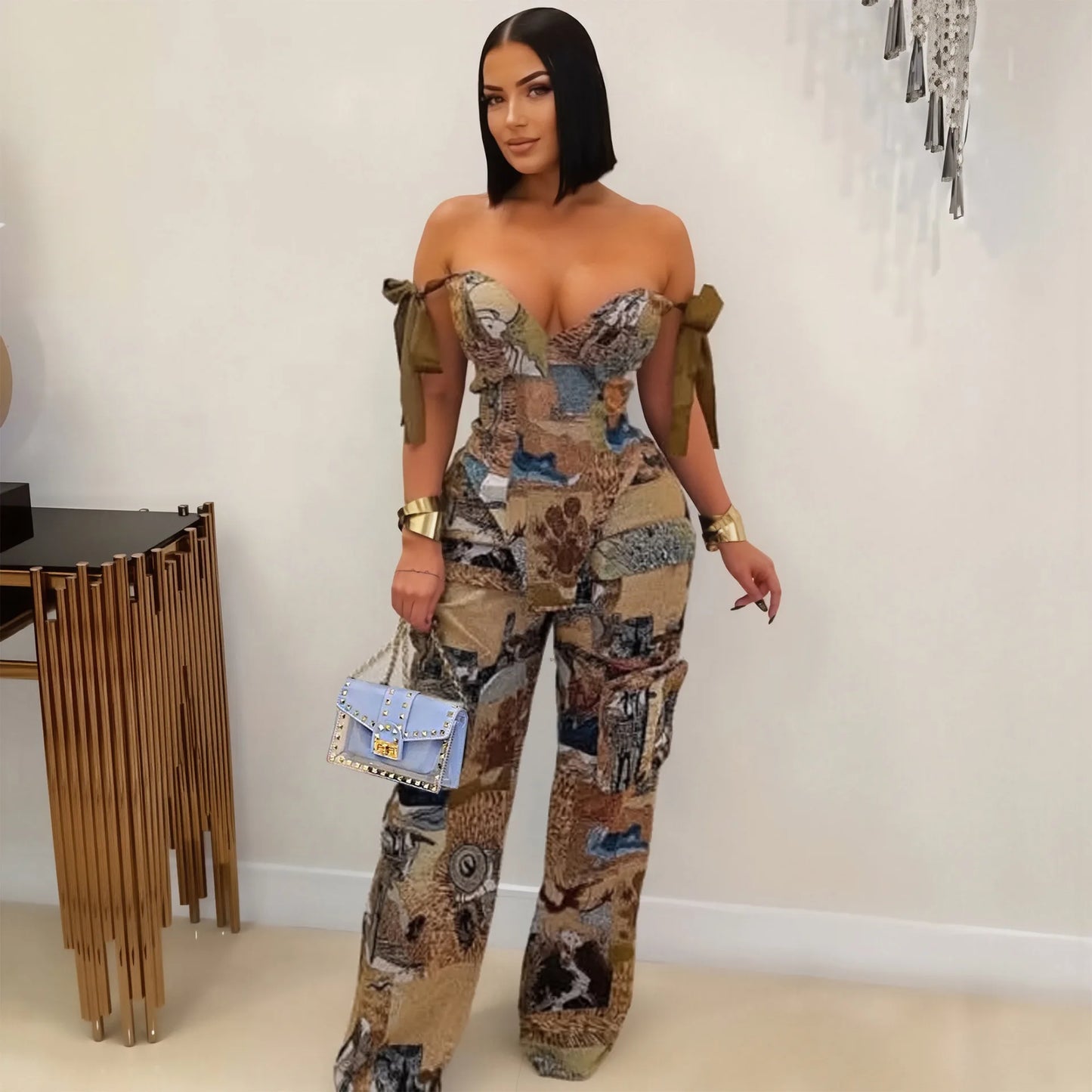 Two Pieces Women Pant Sets Print Matching Set Drawstring Pockets Sleeveless Top Elastic Waist Pants Slim Fit Casual 2026 Spring