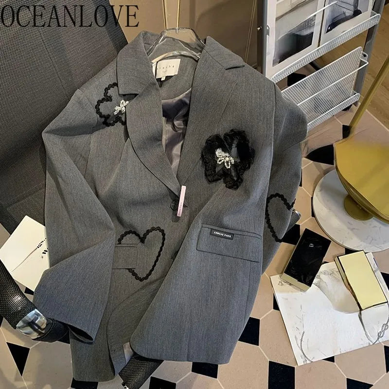 OCEANLOVE Bestickte Blumenblazer Damen Frühling Herbst Koreanische Mode Chaquetas Elegante Graue Lockere Retro-Blazer Feminino