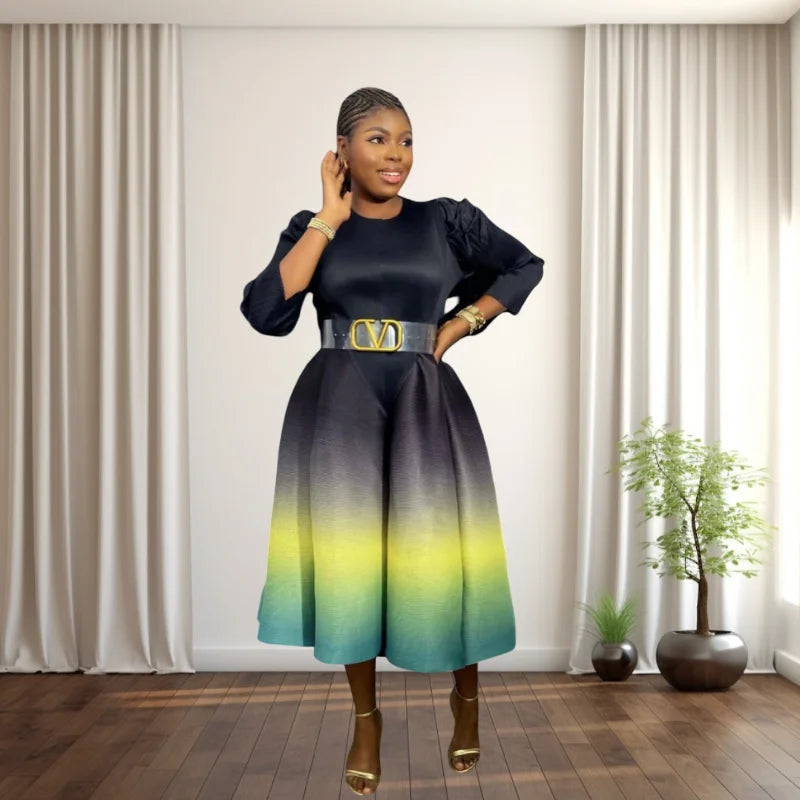 Miyaki Plus-Size Women's Dress with Pleated Design, Puff Sleeves, Long Sleeves, Gradient Color-Blocking, Mid-Length Dress, Popular in Europe and America, Suitable for Daily Wear, Travel, and Dates