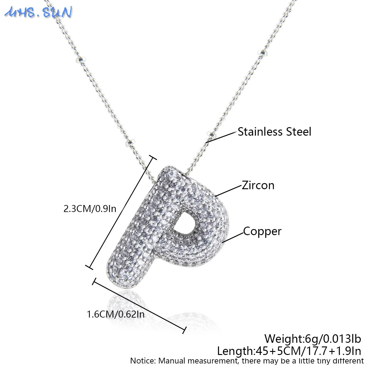 MHS.SUN Hochwertige Bubble Initialenkette Buchstabe A-Z Silberfarbene Zirkon 26 Initialen Ballon Anhänger für Damen Herren Schmuck
