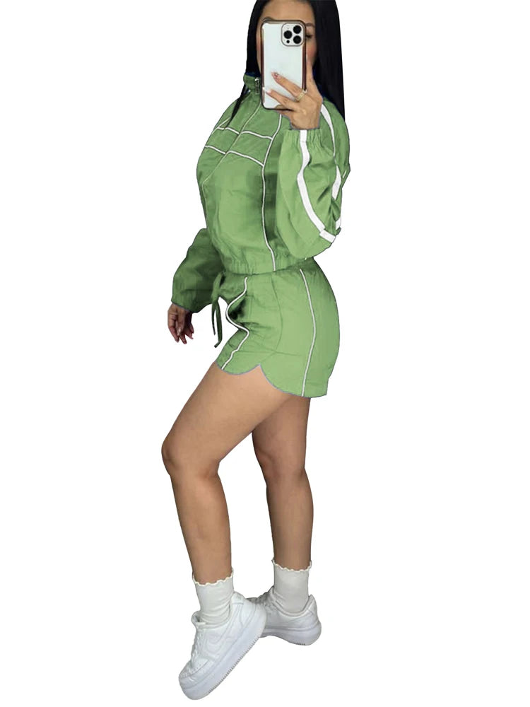2025 Trendy Woman Clothes Sets Y2k Lounge Tracksuit Contrast Color Long Sleeve Zip Windbreaker Jacket Shorts 2 Piece Set Outfits