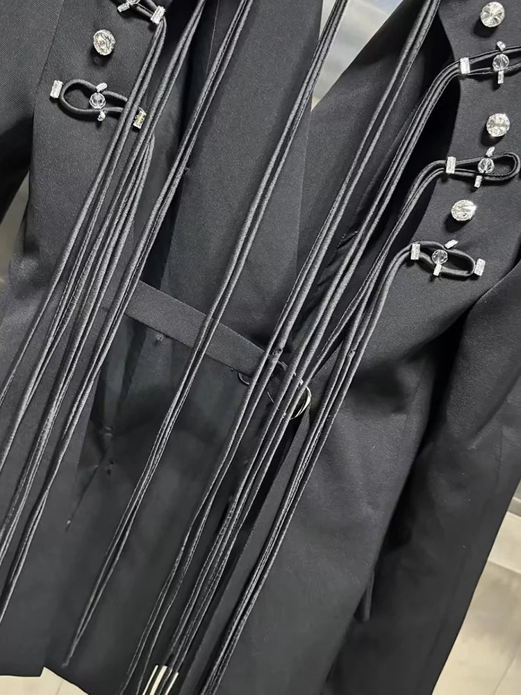 VGH Minimalistische Patchwork-Blazer mit Kordelzug für Damen, Revers, lange Ärmel, rückenfrei, ausgeschnittener Blazer im weiblichen Stil