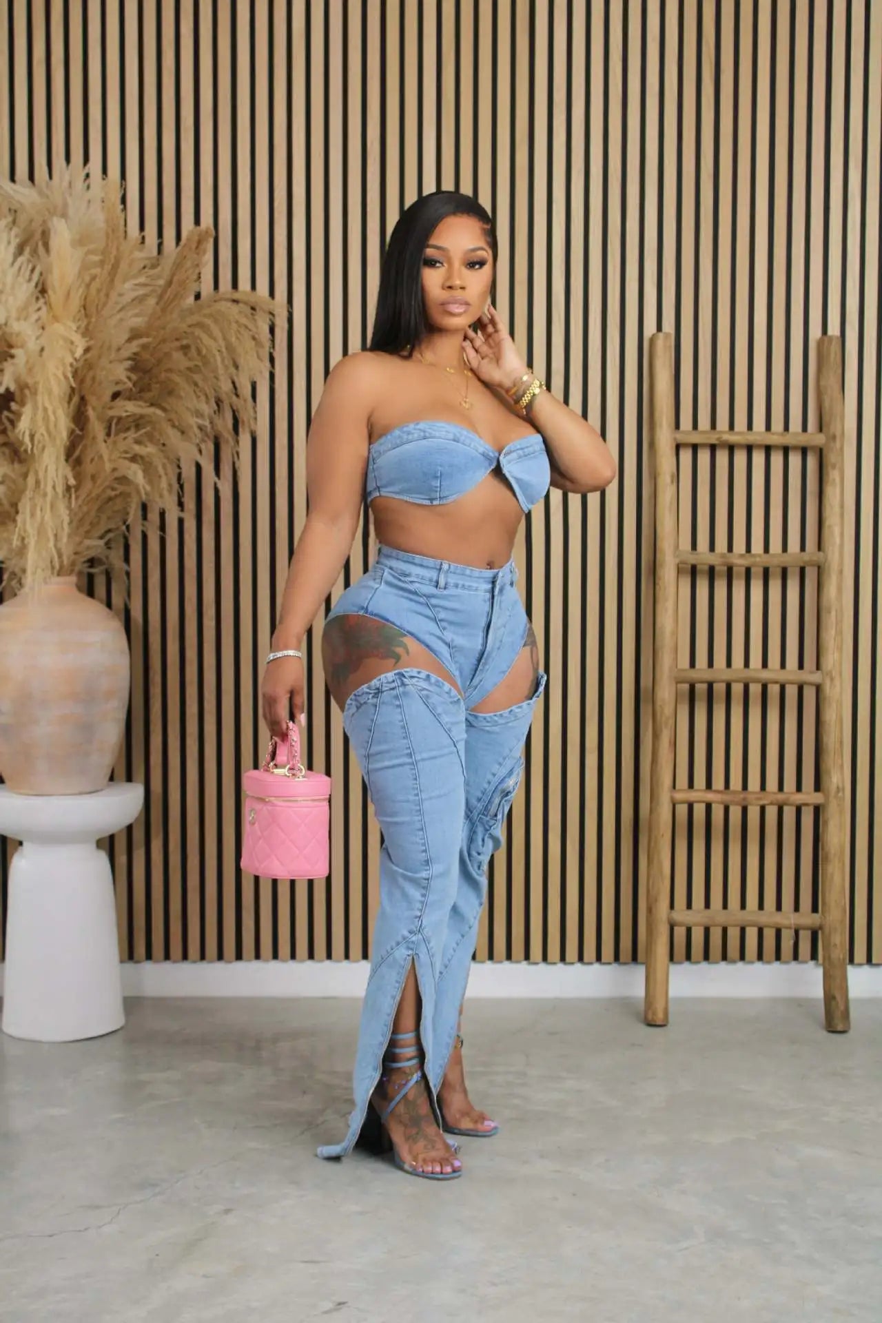Jeans-Sets für Damen 2024 Sexy Streetwear Zweiteilige Outfits Brustwickel Ärmelloses, rückenfreies Top Ausgeschnittene Jeans
