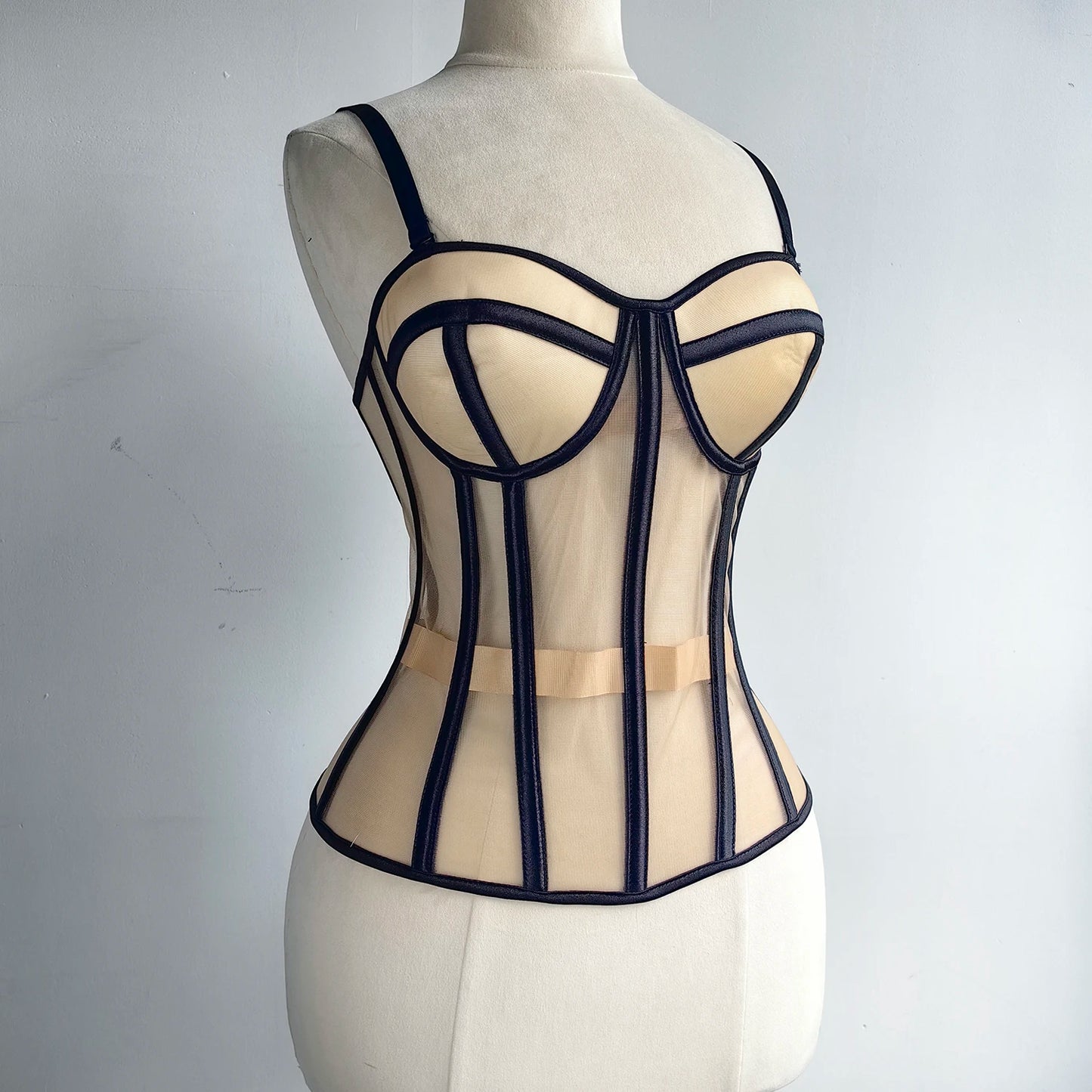 Women Luxury Mesh Corset Bustier Transparent Bodices With Cups Waist Slimmer Lace Up Steel Bone Tight Fitting Tube Tops Costume