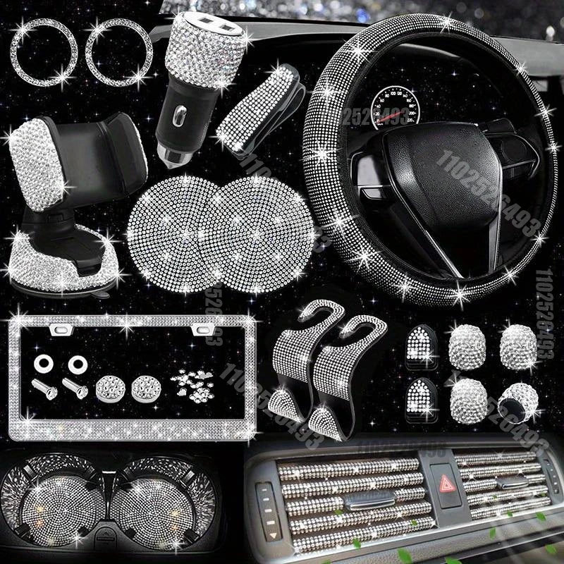 Autozubehör-Set 27/4-teilig Damen Bling Universal Passform Lenkradbezug Polyester Glitzernd Kennzeichenhalter Handyhalter Untersetzer Werkzeuge