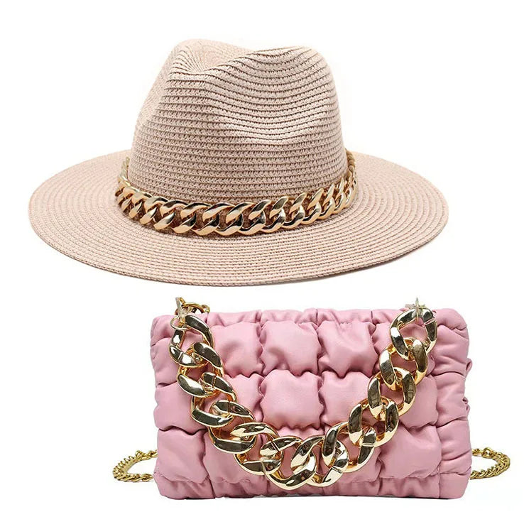 Set Straw Hat and Bag Set Gold Chain Bag Hat Set Ladies Leather Bag Tote Church Fedora Party Jazz Straw Hat
