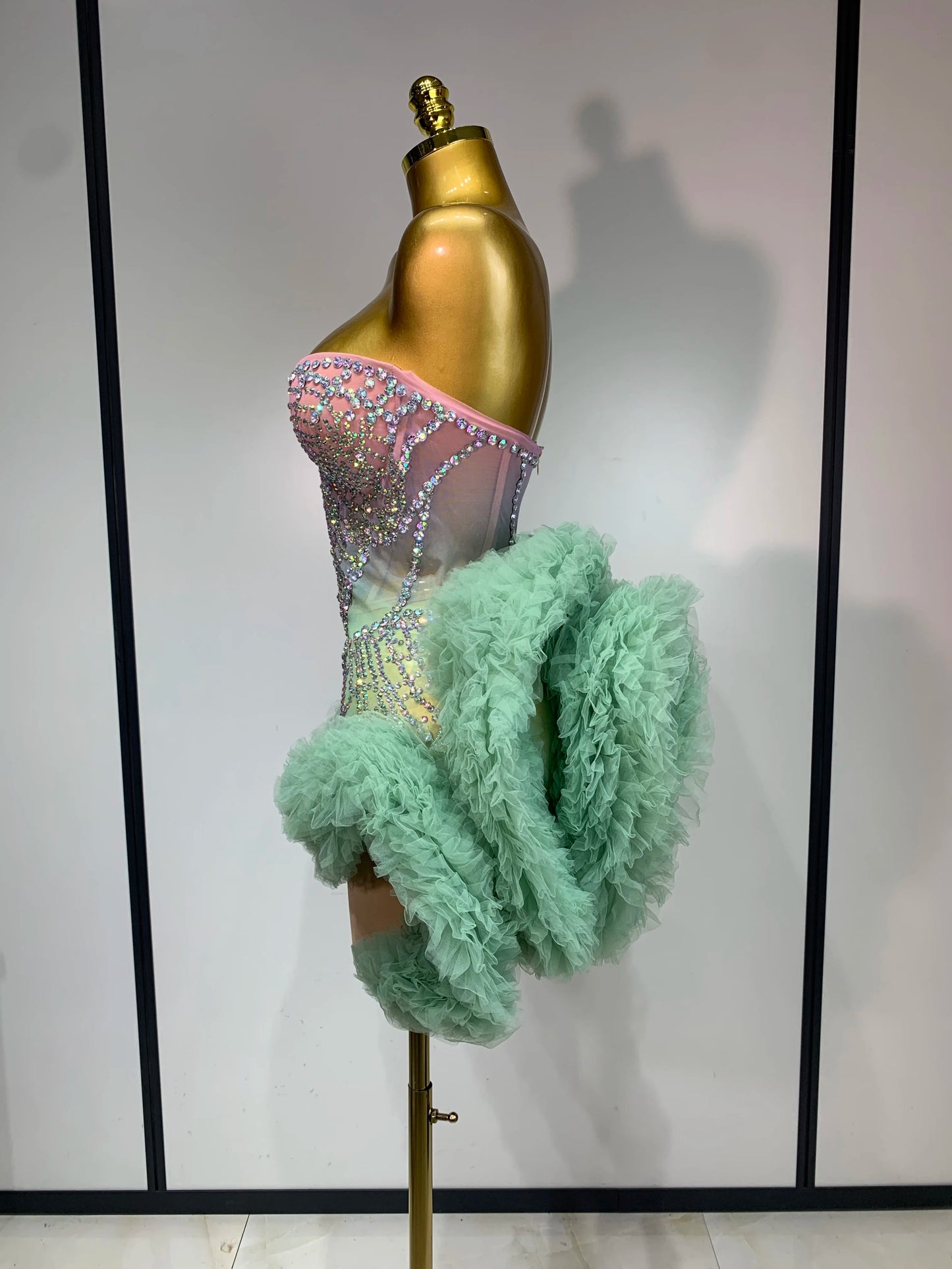 Women Sexy Strapless Backless Green Diamonds Mesh Dress Birthday Party Costume Bar Nightclub Singer Stage Performance Outfit