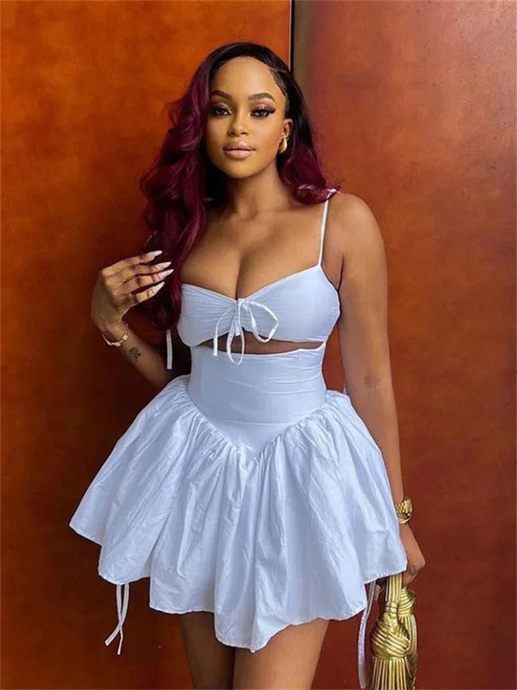 Hollow Ruched  Dress Women Square Collar Lace-up Shoulder Strap Backless Sleeveless Ruffles Street Trend Mini Bodycon