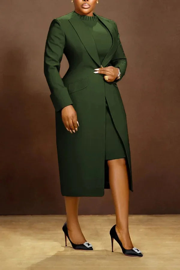 HLJ High Quality Elegant Office Lady Blazer Two Piece Sets Women Lapel Long Sleeve Coat And Slim Dress Outfit Female Clothing