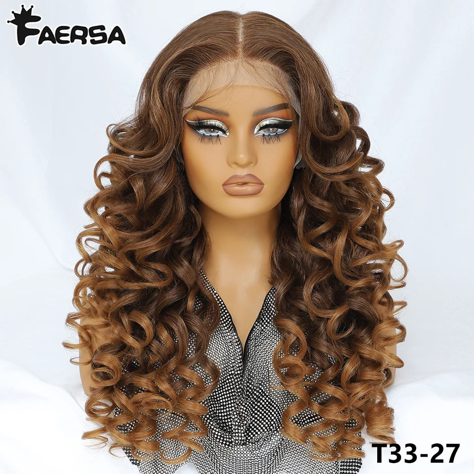 Latisha 13X6 HD Synthetische Spitzenfrontperücke lockig vorgezupfte Lace-Frontal-Perücke mit Pony für Damen, Highlights mit Babyhaar, 24 Zoll