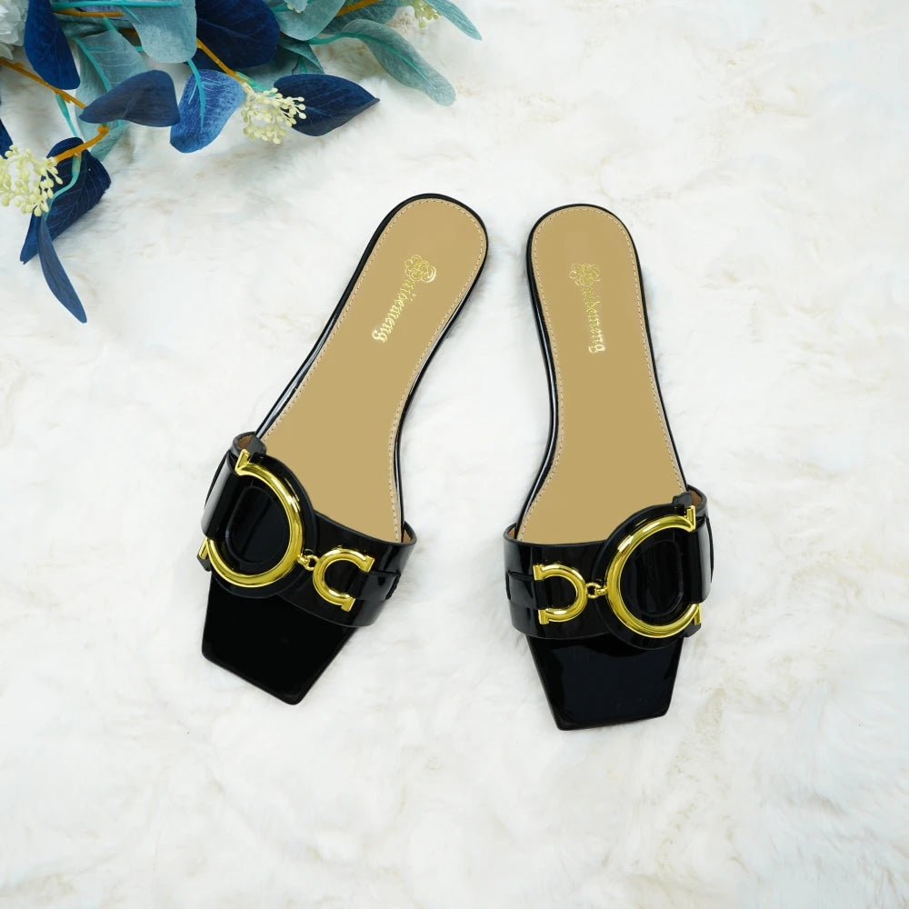 Plus size 35-44 leather slippers women's luxury party shoes square toe fishmouth shoes outdoor beach flip-flops in summer