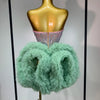 Women Sexy Strapless Backless Green Diamonds Mesh Dress Birthday Party Costume Bar Nightclub Singer Stage Performance Outfit