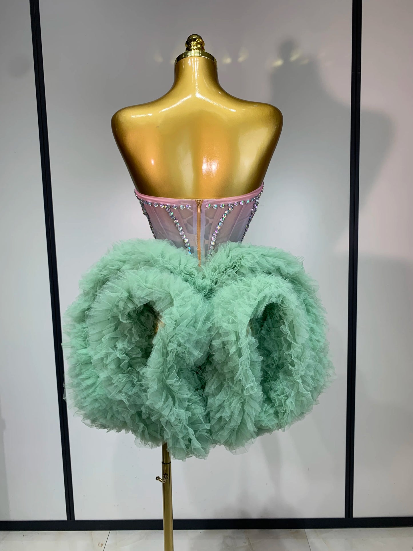 Women Sexy Strapless Backless Green Diamonds Mesh Dress Birthday Party Costume Bar Nightclub Singer Stage Performance Outfit
