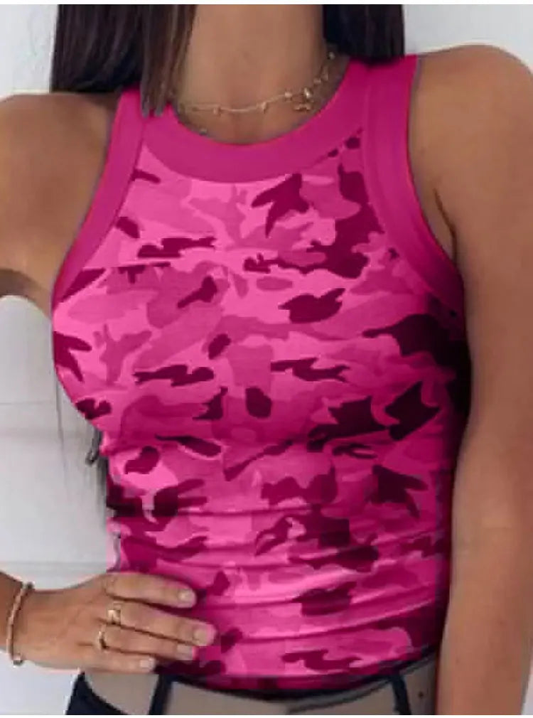 Summer Basic Elastic Tank Top Digital Printing T-shirt Women's O Neck Racerback Sexy Tank Top Stripe Print Sleeveless Tank Top