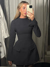Hugcitar 2024 Spring O Neck Long Sleeve Solid Patchwork Zip Up Sexy Bodycon Mini Dress Women Fashion Outfits Birthday Party Y2K