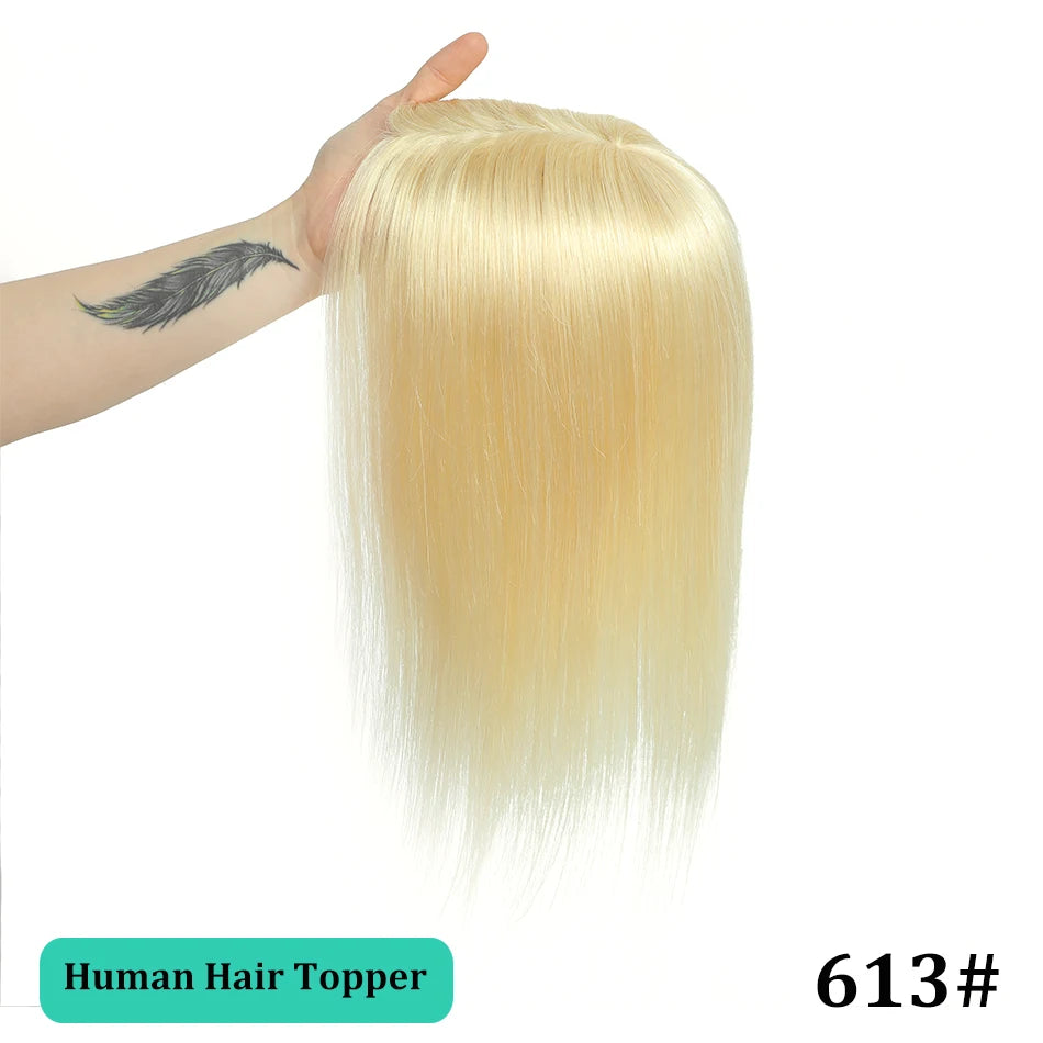 25-45cm Womens Hair Topper with Clips 100% Remy Human Hair Toppers for Thin Hair Natural Color Clip In One Piece Hair Extensions